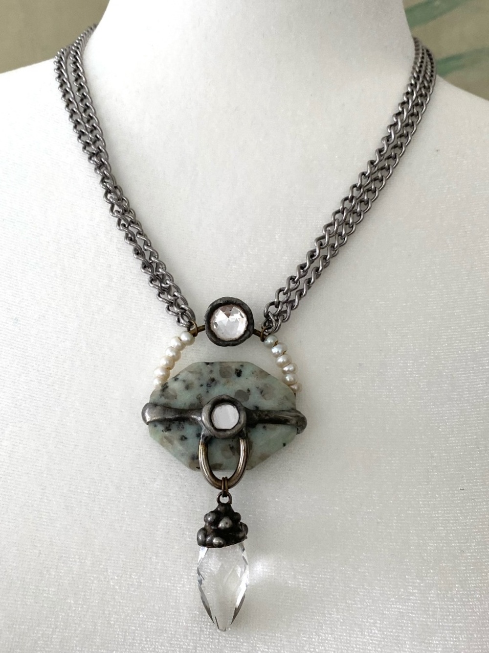 Silve Moss Green Agate and Crystal Necklace